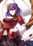  blush breasts hair_ornament hitsuki_rei large_breasts leaf mirror mishaguji purple_hair red_eyes ribbon rope shimenawa short_hair skirt smile snake touhou yasaka_kanako 