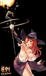 2012 armpits bare_shoulders breasts cleavage dated detached_sleeves dragon's_crown dress fire hair_over_one_eye hat huge_breasts junkpuyo long_hair long_skirt magic red_eyes red_hair side_slit skirt solo sorceress_(dragon's_crown) strapless strapless_dress wand witch_hat 