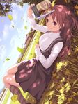  banned_artist blush book brown_eyes brown_hair dutch_angle grass ilog leaf long_hair looking_at_viewer lying mana_kakkowarai on_back on_grass original smile solo watermark web_address wind 