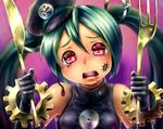  310123 elbow_gloves face fork gears gloves green_hair hat hatsune_miku head_tilt headset knife long_hair open_mouth project_diva_(series) project_diva_f red_eyes sadistic_music_factory_(vocaloid) saliva solo tears twintails vocaloid 