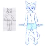  anthro cat clothing comparison cub edit feline line_art loki_(artist) looking_at_viewer male mammal monochrome plain_background shorts sketch unknown_artist white_background young 