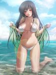  bad_feet barefoot bikini black_hair breasts covered_nipples highres kneeling large_breasts lens_flare light_rays long_hair naughty_face navel open_mouth original pink_eyes rekurieeru revision see-through shawl smile solo string_bikini swimsuit wading water wet 