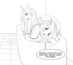  bath black_and_white crown cutie_mark duo english_text equine female feral friendship_is_magic hair horn horse jalm long_hair looking_back mammal monochrome my_little_pony nude pony princess princess_celestia_(mlp) princess_luna_(mlp) raised_tail royalty rubber_duck sibling siblings sisters text water winged_unicorn wings 