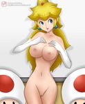  1girl blonde_hair blue_eyes breasts censored crown earrings gloves jewelry large_breasts long_hair mario_(series) mokusa nintendo nipples nude princess_peach pussy super_mario_bros. toad 