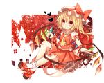  ascot bad_id bad_pixiv_id blonde_hair blush bow flandre_scarlet hat hat_ribbon hinako_(3817852) red_eyes ribbon short_hair side_ponytail sitting skirt smile solo touhou wings 