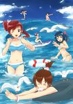  ;d bikini bird bracelet food innertube jewelry long_hair multiple_girls mushiboy navel ocean one_eye_closed open_mouth original ponytail popsicle seagull short_hair smile surfboard surfing swimsuit topknot wading water 