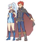 1girl blue_eyes blue_hair bodysuit boots brown_eyes cape cousins earrings gloves gym_leader hands_on_hips high_ponytail ibuki_(pokemon) jewelry knee_boots long_hair mo-mo pokemon pokemon_(game) pokemon_hgss red_hair shoulder_pads spiked_hair wataru_(pokemon) 