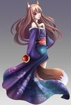  animal_ears apple bad_id bad_pixiv_id bare_shoulders brown_hair floral_print food fruit gradient gradient_background holo japanese_clothes kimono long_hair looking_at_viewer looking_back nobody_studios obi parted_lips red_eyes robe_slip sash solo spice_and_wolf tail 