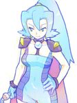  blue_eyes blue_hair bodysuit earrings gloves gym_leader hand_on_hip high_ponytail ibuki_(pokemon) jewelry long_hair mo-mo pokemon pokemon_(game) pokemon_hgss shoulder_pads solo 