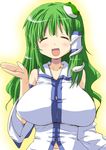  bare_shoulders breasts detached_sleeves frog_hair_ornament hair_ornament hirowa_nagi huge_breasts kochiya_sanae long_hair smile solo touhou yellow_eyes 