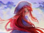  aty_(summon_night) blue_eyes blush from_behind hat long_hair motiko nose red_hair smile solo summon_night summon_night_3 