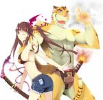  anthro beast biceps cigar clothing duo fantasy feline female flexing fur hair human male mammal markings muscles pecs plain_background stripes sword tiger tkfkd5362 toned topless undertaker warrior weapon white_background 