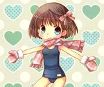  blue_eyes brown_hair hiyopuko mittens original scarf school_swimsuit short_hair swimsuit 