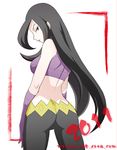  2011 ass azami_(pokemon) back bangs bare_shoulders black_hair border crop_top dated elbow_gloves from_behind frontier_brain gloves highlights long_hair looking_back mo-mo multicolored_hair open_mouth pants pokemon pokemon_(game) pokemon_emerald pokemon_rse purple_hair red_eyes simple_background skin_tight solo standing two-tone_hair very_long_hair watermark web_address white_background wide_hips 