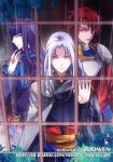  2011 3boys artist_name bangs black_nails blue blue_eyes blunt_bangs breastplate cape claugh_klom densetsu_no_yuusha_no_densetsu from_outside grey_cape long_hair looking_at_viewer milan_froward multiple_boys nail_polish necktie purple_hair rain red_eyes red_hair shoulder_armor silver_hair sion_astal spaulders watermark web_address yellow_eyes zuowen 