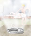  1girl bangs bath blonde_hair highres naked_towel naruto nude peeking sauna steam stiky_finkaz towel towel_around_waist uzumaki_naruto yamanaka_ino 