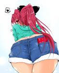  absurdres ass ass_focus bad_id bad_pixiv_id blush cutoffs denim denim_shorts food goyouga-deann heart highres hood hoodie long_hair looking_back mahou_shoujo_madoka_magica panties pocky ponytail red_eyes red_hair sakura_kyouko short_shorts shorts solo spoken_heart thong underwear white_panties 