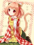  animal_ears apron bad_id bad_pixiv_id bell blush brown_eyes cat_ears cat_tail character_name checkered clothes_writing hair_bell hair_ornament jingle_bell kemonomimi_mode long_hair looking_at_viewer motoori_kosuzu nunucco paw_pose paw_print red_eyes red_hair short_hair solo tail touhou two_side_up 