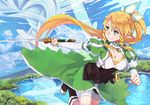  blonde_hair braid breasts cleavage day flying green_eyes hao_(patinnko) holding large_breasts leafa long_hair pointy_ears ponytail sky smile solo sword sword_art_online twin_braids weapon wings 