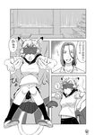  1girl :o animal_ears bad_id bad_pixiv_id classroom comic final_fantasy final_fantasy_xi greyscale height_difference highres lifting mithra monochrome navel nukomasu panties pantyshot skirt table tail translation_request underwear 