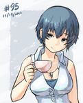  2012 blue_eyes blue_hair breasts casual cleavage cup dated jewelry junkpuyo large_breasts necklace persona persona_4 persona_4_the_golden shirogane_naoto short_hair solo teacup 