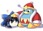  1girl :&lt; ? alternate_color blue_eyes blue_hair blue_skin bow crossover hair_bow hair_tubes hakurei_reimu hat king_dedede kirby_(series) mochizuki_ado petting player_2 squiggle touhou yukkuri_shiteitte_ne 