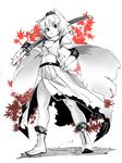  animal_ears autumn_leaves boots hand_on_hip hat hat_ribbon inubashiri_momiji katana long_sleeves looking_at_viewer midriff monochrome navel oshake over_shoulder ribbon scabbard sheath sheathed shirt short_hair side_slit skirt solo spot_color sword tail tokin_hat touhou weapon wide_sleeves wind wind_lift wolf_ears wolf_tail 