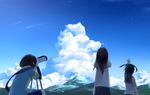  black_hair cloud day from_behind landscape long_hair minamito mountain multiple_girls original school_uniform short_hair skirt sky telescope twintails 