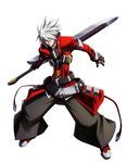  1boy arc_system_works blazblue blazblue:_chrono_phantasma blazblue:_chronophantasma glare glaring highres male male_focus official_art ragna_the_bloodedge simple_background solo white_hair 