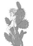  absurdres breasts cactus claws covering covering_breasts flower greyscale hair_flower hair_ornament highres jing_mian_tu monochrome monster_girl nude plant_girl pointy_ears roots sitting smile solo spikes 