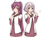  ahoge armband blue_eyes blush dress glasses grey_hair heart ikeda_chitose kugi_ta_hori_taira long_hair long_sleeves looking_at_viewer multiple_girls nanamori_school_uniform no_legwear ponytail purple_eyes purple_hair sailor_dress school_uniform serafuku short_hair short_over_long_sleeves short_sleeves simple_background sugiura_ayano very_long_hair white_background yuru_yuri 