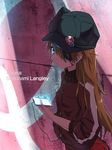  animal_hat badge blue_eyes brown_hair button_badge cat_hat character_name digital_media_player earphones evangelion:_3.0_you_can_(not)_redo eyepatch hat highres holding jacket long_hair neon_genesis_evangelion pins plugsuit rebuild_of_evangelion shikinami_asuka_langley solo souryuu_asuka_langley tera_l track_jacket 