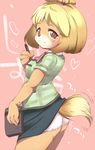  1girl animal_ears ass blonde_hair blush blush_stickers breasts brown_eyes butt canine dog dog_ears dog_tail doubutsu_no_mori female fujisaki_hikari furry hair isabelle_(animal_crossing) looking_back mammal necktie nintendo panties pen shizue_(animal_crossing) shizue_(doubutsu_no_mori) short_hair skirt skirt_lift smile sweat tail tail_wagging tailwag underwear uniform upskirt video_games white_panties 