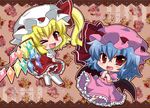  &gt;_&lt; &gt;_o :3 :d ;d bat_wings blonde_hair blue_hair blush chibi closed_eyes fang flandre_scarlet hat hat_ribbon looking_at_viewer multiple_girls noai_nioshi one_eye_closed open_mouth red_eyes remilia_scarlet ribbon shirt siblings side_ponytail sisters skirt skirt_set smile thighhighs touhou white_legwear wings x3 zettai_ryouiki |_| 