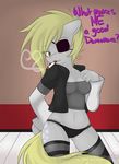  amber_eyes anthro anthrofied blonde_hair breasts camel_toe cleavage clothed clothing corruptdezzy corrupteddiscipline cutie_mark derpy_hooves_(mlp) edit english_text equine eye_patch eyewear female friendship_is_magic fur grey_fur hair horse looking_at_viewer mammal my_little_pony panties pegasus pony smoking solo text underwear watermark wings 