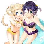  bad_id bad_pixiv_id bikini black_hair blonde_hair blue_eyes blush breasts chuunibyou_demo_koi_ga_shitai! cleavage dekomori_sanae eyepatch foreshortening highres innertube long_hair medium_breasts multiple_girls navel one_side_up shiny shiny_skin short_hair small_breasts swimsuit takanashi_rikka twintails yukibana 