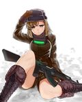  ak-47 assault_rifle bad_id bad_pixiv_id boots brown_eyes brown_hair empty_eyes gloves gun harumaki-0327 hat head_mounted_display jacket misaka_imouto misaka_imouto_10777 rifle short_hair sitting solo to_aru_majutsu_no_index weapon 