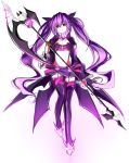  1girl aisha_(elsword) boowak1 bow bra breasts choker cleavage elsword floating_hair full_body garter_straps hair_between_eyes hair_bow highres holding holding_weapon long_hair long_sleeves looking_at_viewer midriff miniskirt navel parted_lips purple_bow purple_bra purple_eyes purple_hair purple_legwear purple_skirt purple_sleeves shrug_(clothing) simple_background skirt small_breasts solo stomach striped striped_bra thighhighs twintails underwear very_long_hair void_princess_(elsword) weapon white_background 