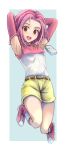  1girl :d armpits arms_behind_head belt boots breasts brown_eyes detached_sleeves digimon full_body highlights highres jumping long_sleeves looking_at_viewer multicolored_hair open_mouth pink_footwear pink_sleeves red_hair shirt short_hair short_shorts shorts sleeveless sleeveless_shirt small_breasts smile solo tachikawa_mimi tori@gununu yellow_shorts 