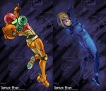  alternate_hair_length alternate_hairstyle arm_cannon armor blonde_hair blue_eyes bodysuit breasts dave_cheung metroid power_suit samus_aran short_hair skin_tight solo twisted_torso varia_suit watermark weapon web_address zero_suit 