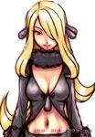  blonde_hair breasts cleavage eyelashes feather_boa hair_ornament half-closed_eyes large_breasts long_hair mo-mo navel pokemon pokemon_(game) pokemon_dppt shirona_(pokemon) smile solo toned very_long_hair yellow_eyes 