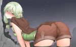  1girl annoyed ass blush bow braid breasts cameltoe cape elf ginhaha goblin_slayer! green_eyes green_hair hair_bow high_elf_archer_(goblin_slayer!) leaning leaning_forward long_hair looking_at_viewer pointy_ears shiny shiny_hair shiny_skin shorts solo thighhighs 