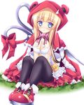  bad_id bad_pixiv_id black_legwear blonde_hair blue_eyes breasts cleavage hood hoodie little_red_riding_hood medium_breasts mikan_(5555) pantyhose princess_royale scissors sitting 