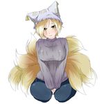  alternate_costume bacho between_thighs blonde_hair blush breasts fox_tail large_breasts looking_at_viewer multiple_tails pants ribbed_sweater short_hair simple_background sitting slit_pupils smile solo sweater tail touhou white_background yakumo_ran 
