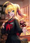  :d ahoge bad_id bad_pixiv_id badge bag_charm black_shirt black_skirt blonde_hair braid bulletin_board button_badge charm_(object) classroom commentary_request desk fate/grand_order fate_(series) green_eyes hair_bun hair_ribbon highres indoors kyundoo locker looking_at_viewer mop nero_claudius_(fate) nero_claudius_(fate)_(all) open_mouth orange_sky red_neckwear red_ribbon ribbon school_desk school_uniform shirt skirt sky smile solo stuffed_animal stuffed_lion stuffed_toy sunlight twitter_username window 