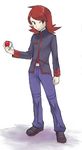  brown_hair holding holding_poke_ball long_hair male_focus mo-mo pants poke_ball pokemon pokemon_(game) silver_(pokemon) solo standing 