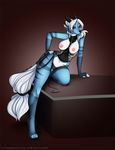  breasts canine clothing corset demona69 desk dragon ear_piercing female fluffy_tail hair horn hybrid looking_at_viewer mammal nipples piercing plain_background solo svestiva topless whip white_hair 