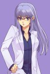  1girl blue_eyes blue_shirt breasts cleavage collarbone dress_shirt esikodama floating_hair formal gintama glasses hand_on_hip jacket long_hair looking_at_viewer medium_breasts mole mole_under_eye open_clothes open_jacket over-rim_eyewear parted_lips purple_background purple_hair red-framed_eyewear sarutobi_ayame semi-rimless_eyewear shirt simple_background solo standing upper_body v-shaped_eyebrows very_long_hair white_jacket 
