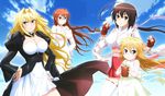  4girls absurdres blonde_hair breasts brown_hair female green_eyes highres kusano large_breasts long_hair matsu_(sekirei) multiple_girls musubi official_art plant pot potted red_hair sekirei sky tsukiumi 