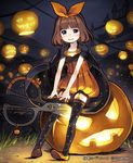  bad_id bad_pixiv_id between_legs black_legwear blue_eyes blush body_blush bow brown_hair cancer_gardener cape garter_straps hair_bow halloween jack-o'-lantern lantern lena_(zoal) looking_at_viewer night oversized_object print_legwear pumpkin scissors shingeki_no_bahamut shoes short_hair smile solo star star_print thighhighs 